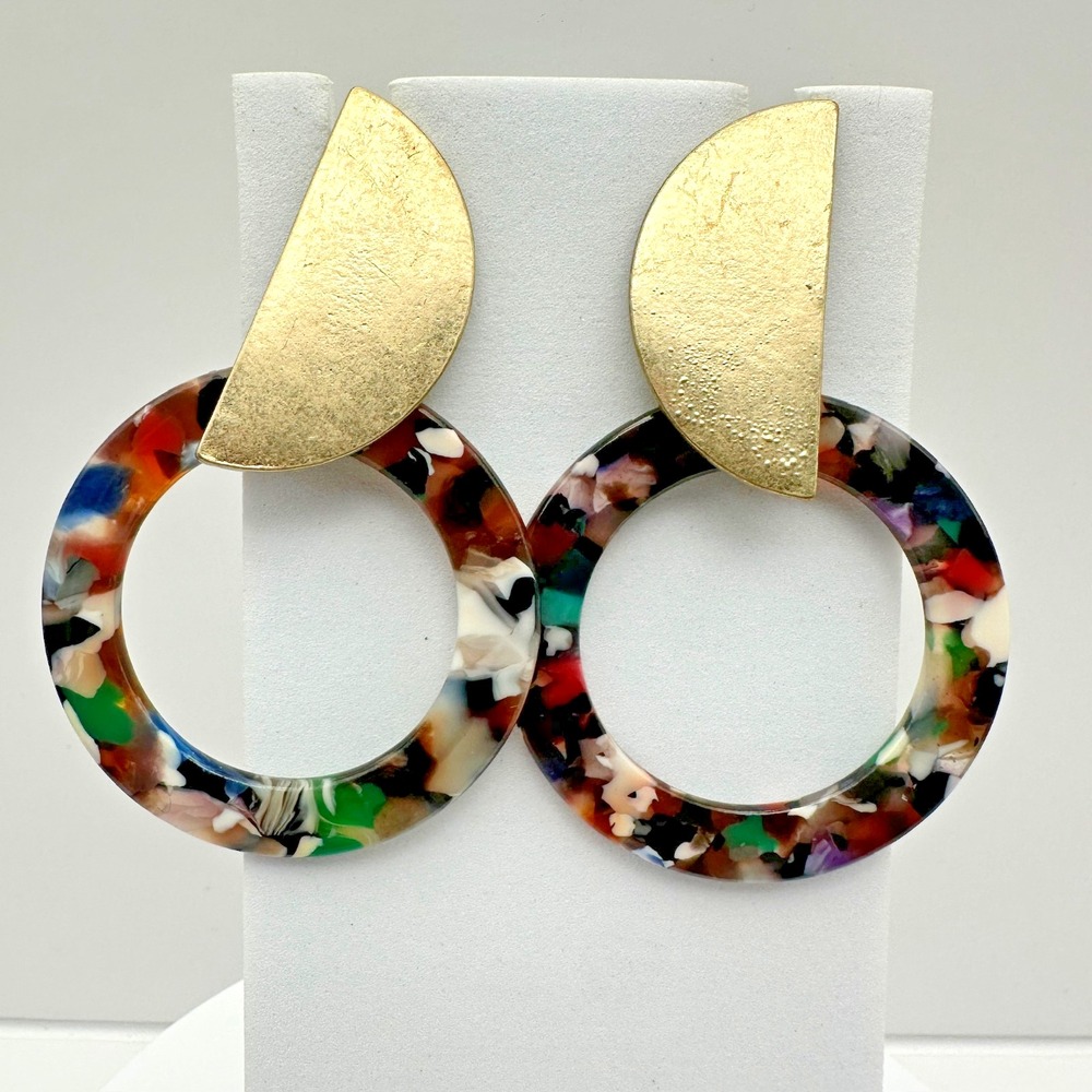 Vintage 90s Tortoise Shell Resin Hoop Earrings Gold Tone Half Moon Post Dangle